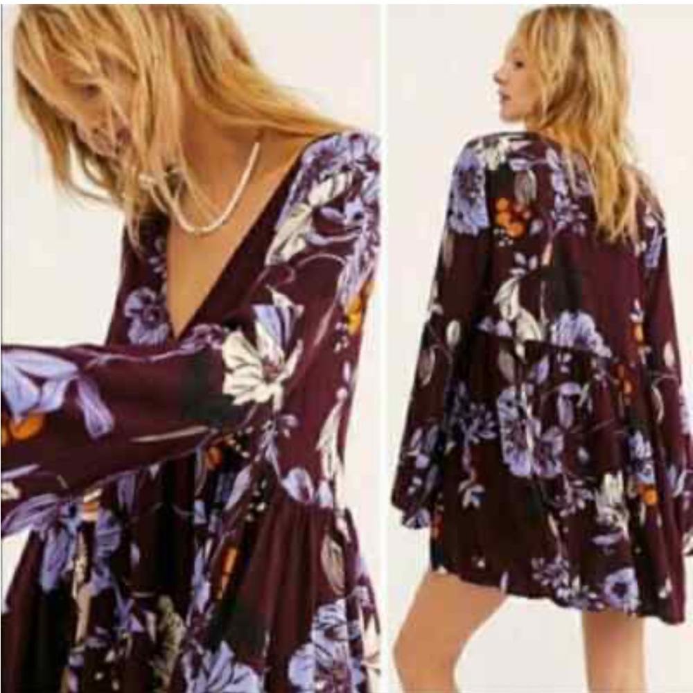 Free People Bella Floral Print Tunic Top Bell Sleeves Burgundy Rayon Boho, SM
